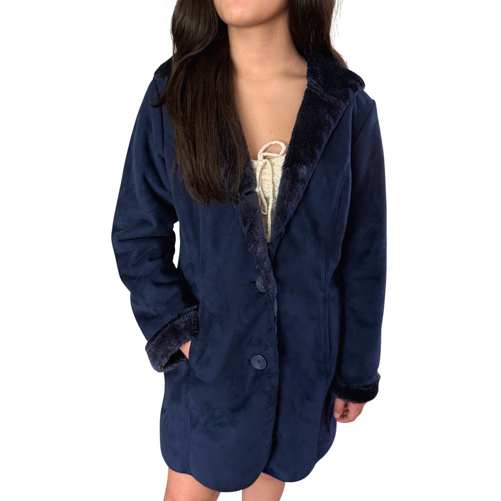 Denim & Co Blue Suede Hooded Coat Faux Fur Lining Sz XS